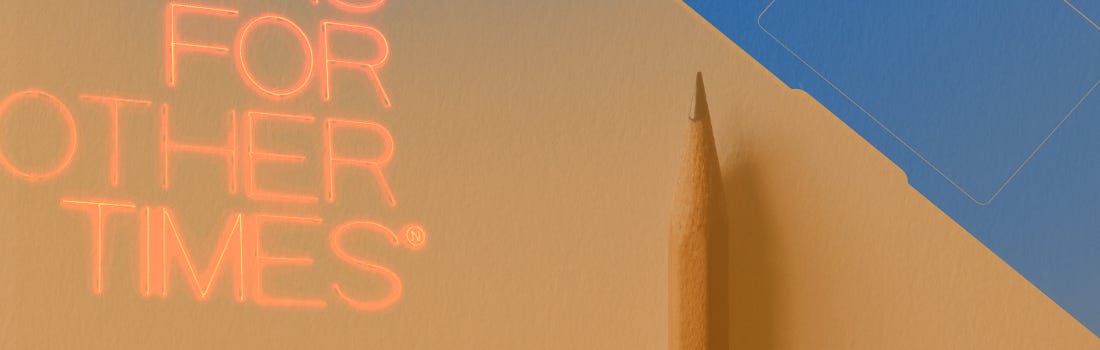 Part 2. "New ideas for other times" with laptop, sketchbook, and pencil in orange negative filter