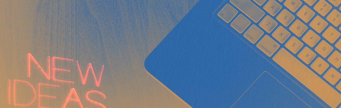 Part 1. "New ideas for other times" with laptop, sketchbook, and pencil in orange negative filter