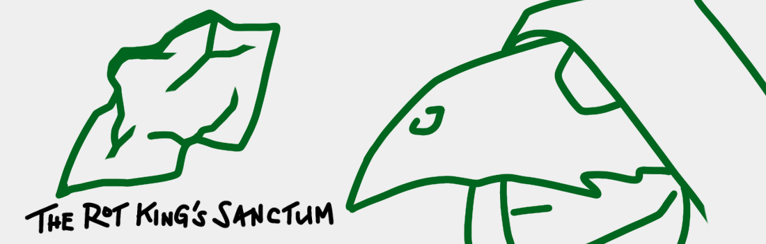 An outlined gemstone on the left side and a bird bone-masked figure with a hood, "The Rot King's Sanctum"